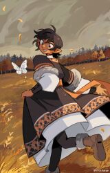  1girl artist_name black_dress black_hair black_leggings boots brown_boots bug butterfly clouds cloudy_sky commentary dark-skinned_female dark_skin dress dusk dynamic_pose english_commentary erin_(honey_glows) forest fur-trimmed_boots fur-trimmed_dress fur_trim grass grasslands highres holding_own_dress landscape leggings multicolored_dress nature original outdoors pointy_ears running scenery short_hair sky smile solo tree twitter_username undershirt white_dress wind 
