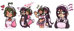  ! !! 1girl 2girls :d ;d ahoge alternate_costume apron artist_name black-framed_eyewear blush bright_pupils closed_eyes commentary danganronpa:_trigger_happy_havoc danganronpa_(series) danganronpa_another_episode:_ultra_despair_girls dress drooling english_commentary eyelashes fukawa_toko glasses green_hair hair_between_eyes hair_ribbon heart heart_ahoge holding holding_tray hug hug_from_behind jackie_kawaii juliet_sleeves long_sleeves maid maid_headdress mole mole_under_mouth mouth_drool multiple_girls naegi_komaru notice_lines one_eye_closed open_mouth pink_dress puffy_short_sleeves puffy_sleeves purple_dress red_ribbon ribbon short_hair short_sleeves simple_background smile solo speech_bubble third-party_source tray violet_eyes waving white_apron white_background white_headdress white_pupils yuri 