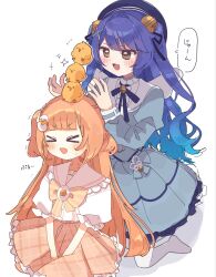  >_< 2girls :d amamiya_kokoro animal_on_head baby_animal bell bird bird_on_head blue_bow blue_bowtie blue_dress blue_hair blue_hat blunt_bangs blush bow bowtie chick closed_eyes commentary_request dress fang frilled_dress frilled_sailor_collar frilled_skirt frills full_body gradient_hair hair_bell hair_intakes hair_ornament hair_ribbon hamuyu hat highres juliet_sleeves kirara_tamako long_hair long_sleeves multicolored_hair multiple_girls nijisanji on_head open_mouth orange_bow orange_bowtie orange_hair orange_skirt plaid_clothes plaid_skirt puffy_sleeves purple_hair ribbon sailor_collar shirt short_sleeves simple_background sitting skin_fang skirt smile speech_bubble striped_bow striped_bowtie striped_clothes translation_request virtual_youtuber white_background white_sailor_collar white_shirt xd yellow_eyes 