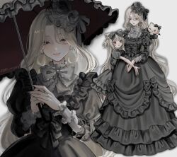  2girls absurdres animal_ear_fluff animal_ears artist_name black_bow black_dress black_flower black_ribbon black_umbrella blonde_hair bow bowtie cat_ears closed_mouth dress earrings eyelashes fingernails flower frilled_bowtie frilled_dress frilled_umbrella frills grey_background grey_bow grey_bowtie hair_bow hair_flower hair_ornament hair_ribbon half-closed_eyes highres holding holding_umbrella jewelry juliet_sleeves lips long_dress long_fingernails long_hair long_sleeves looking_at_another looking_at_viewer lulu_(oysi_mysi) mother_and_child mother_and_daughter multiple_girls original oysi_mysi parent_and_child pearl_earrings puffy_short_sleeves puffy_sleeves ribbon short_sleeves simple_background smile umbrella upper_body very_long_hair 