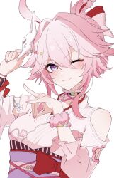  1girl :3 ;3 absurdres animal_ears breasts commentary evanescia_(honkai:_star_rail) evanescia_(lunar_blossoming)_(honkai:_star_rail) fox_ears fox_girl fox_mask highres holding holding_mask honkai:_star_rail honkai_(series) japanese_clothes kimono looking_at_viewer mask medium_breasts official_alternate_costume one_eye_closed pink_hair short_hair_with_long_locks simple_background solo torein_(and_rain3) untranslatable_commentary upper_body violet_eyes white_background white_kimono 