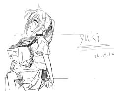  1girl character_name choker commentary dated dress from_side greyscale hair_ornament hairclip highres knee_up looking_up minakami_yuki monochrome necktie otatomm parallel_hairclips simple_background sitting sketch solo subarashiki_hibi untranslatable_commentary white_background wide_sleeves wind 