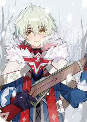  1boy absurdres ahoge alyosha_(genshin_impact) black_fur black_gloves blue_jacket cape closed_mouth earmuffs fur-trimmed_cape fur_trim genshin_impact gloves green_hair gun hair_between_eyes highres hood hooded_cape jacket long_sleeves male_focus overcast raimu_(raimuo_illust) rifle shirt short_hair sky slavic_clothes sniper_rifle snow snowing turtleneck turtleneck_shirt two-tone_fur upper_body weapon white_cape winter yellow_eyes 