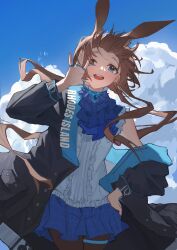  1girl :d absurdres amiya_(arknights) arknights ascot bare_shoulders black_coat blue_ascot blue_collar blue_eyes blue_gem blue_skirt blue_sky blush brown_hair brown_pantyhose center_frills chinese_commentary clothes_writing clouds coat collar commentary_request cowboy_shot day de-lease frills gem hand_on_own_hip highres jewelry long_hair miniskirt multiple_rings off_shoulder open_mouth outdoors pantyhose pleated_skirt ring shouting_with_hands skirt sky sleeveless sleeveless_sweater smile solo standing sweater teeth upper_teeth_only waving white_sweater wind 