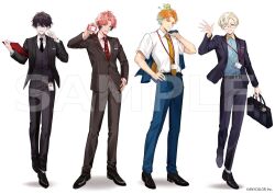  4boys adjusting_eyewear akagi_wen aqua_hair bag belt black_hair black_jacket black_necktie black_pants black_shoes black_suit black_vest blonde_hair blue_eyes blue_jacket blue_pants blue_shirt brown_jacket brown_pants brown_suit clipboard collared_shirt commentary company_name contrast_collar copyright_notice creature_on_head formal_clothes full_body futaba_hazuki glasses hand_on_own_hip hand_up hibachi_mana holding holding_bag holding_clipboard holding_id_card holding_unworn_clothes holding_unworn_jacket id_card jacket kanbaki's_orange-haired_catgirl kirin-chan_(usami_rito) lanyard long_sleeves looking_at_viewer male_focus multicolored_hair multiple_boys necktie nijisanji official_alternate_costume official_art one_eye_closed open_hand orange_necktie oriens_(nijisanji) pants red_hair red_necktie saiki_ittetsu sample_watermark shirt shoes short_hair simple_background smile standing standing_on_one_leg suit suit_jacket unworn_jacket usami_rito vest virtual_youtuber watermark waving white_background white_shirt yellow_eyes 
