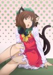  animal_ears bare_legs brown_eyes brown_hair cat_ears cat_tail chen earrings fang fingernails hat headphones headphones_around_neck highres hoop_earrings jewelry multiple_tails nail_polish open_mouth short_hair solo spikewible tail touhou 