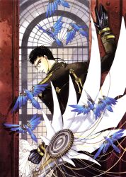  1boy absurdres bird black_eyes black_gloves black_hair black_vest blue_bird clamp_(circle) clover_(manga) from_behind gears gloves greenhouse highres leather leather_gloves long_single_sidelock looking_back male_focus mechanical_wings non-humanoid_robot profile ribbed_gloves rivets robot robot_animal robot_bird round_eyewear screw short_hair solo steampunk teeth vest weapon wings 