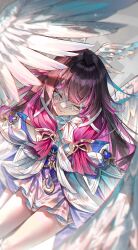  absurdres columbina_(genshin_impact) doki_illus eye_mask genshin_impact hair_ornament head_wings highres invisible_shoes mask multicolored_hair multiple_wings purple_streaks see-through_clothes see-through_mask streaked_hair white_headdress white_mask white_wings wing_hair_ornament wings wrist_bow 