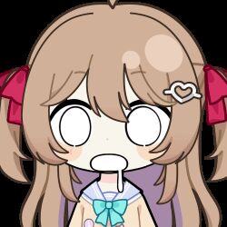  1girl ahoge animated animated_gif aqua_bow aqua_bowtie blank_eyes blue_eyes blue_sailor_collar blush_stickers bow bowtie brown_hair cardigan chibi chibi_only chunye_haruya commentary commission dot_nose drooling english_commentary hair_between_eyes hair_ornament hair_ribbon heart heart_hair_ornament long_hair lowres neuro-sama neuro-sama_(1st_costume) open_mouth red_ribbon ribbon sailor_collar second-party_source shirt solo sticker_(medium) transparent_background two_side_up upper_body vedal_ai virtual_youtuber white_shirt yellow_cardigan 
