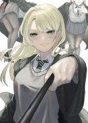  1girl black_robe black_shoes black_skirt black_sweater_vest blonde_hair closed_mouth collared_shirt commentary_request diagonal-striped_clothes diagonal-striped_necktie genderswap genderswap_(mtf) green_eyes green_necktie green_robe harry_potter_(series) high_heels hogwarts_school_uniform holding holding_wand long_hair looking_at_viewer malfoid necktie nerusama9311 robe school_uniform shirt shoes skirt smile solo striped_clothes striped_necktie sweater_vest two-sided_fabric two-sided_robe two-tone_robe wand white_shirt wizarding_world 