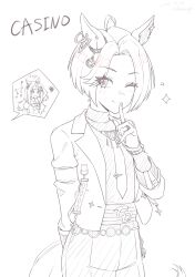  2girls absurdres animal_ears bow bowtie breasts casino_drive_(umamusume) closed_mouth commentary_request ear_ornament espoir_city_(umamusume) hair_ornament highres hitempo horse_ears horse_girl horse_tail jacket jewelry long_hair long_sleeves looking_at_viewer monochrome multicolored_hair multiple_girls multiple_rings necktie one_eye_closed open_mouth pants puffy_short_sleeves puffy_sleeves ring sailor_collar sailor_shirt school_uniform shirt short_hair short_sleeves small_breasts smile speech_bubble squiggle tail tracen_school_uniform umamusume 
