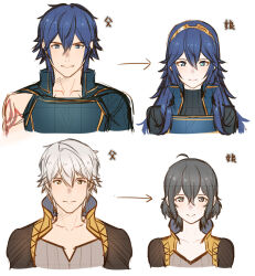  2boys 2girls ameno_(a_meno0) blue_eyes blue_hair blue_tunic brand_of_the_exalt cape chrom_(fire_emblem) commentary_request cropped_shoulders father_and_child father_and_daughter female_morgan_(fire_emblem) fire_emblem fire_emblem_awakening grey_hair grey_shirt hair_between_eyes long_hair looking_at_viewer lucina_(fire_emblem) male_robin_(fire_emblem) multiple_boys multiple_girls parent_and_child shirt short_hair simple_background smile symbol_in_eye tiara tunic white_hair 