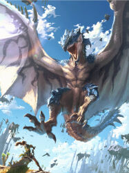  1girl absurdres armor azure_rathalos blue_scales blue_sclera blue_sky brown_hair chin_spike clouds colored_sclera commentary_request dragon fingerless_gloves flying gloves greatsword high_heels highres holding holding_sword holding_weapon long_hair monster monster_hunter_(character) monster_hunter_(series) open_mouth outdoors rathalos sharp_teeth size_difference sky spiked_tail spiked_wings swiftsamalove sword tail talons teeth weapon wings wyvern yellow_eyes 