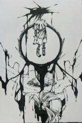  1boy absurdres darkness floating greyscale hat highres kandori_makoto majora_(zelda) monochrome skull_kid the_legend_of_zelda the_legend_of_zelda:_majora's_mask traditional_media tree unworn_hat unworn_headwear 
