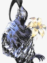  1boy absurdres armor artorias_the_abysswalker blue_capelet capelet commentary dark_souls_(series) dark_souls_i faceless faceless_male flower gauntlets hand_up helmet highres holding holding_flower male_focus phanthema rerebrace russian_commentary simple_background solo upper_body white_background 