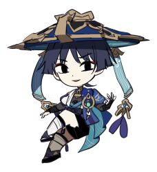  1boy arm_at_side armor black_bodysuit black_bow black_eyes black_hair black_sandals black_shorts blue_cape blue_gem blue_hat blue_jingasa blue_kimono blunt_ends bodysuit bow bridal_gauntlets cape chibi chibi_only choppy_bangs commentary eyeliner feathers full_body furisode gem genshin_impact gold gold_ring grey_bridal_gauntlets hand_up hat highres japanese_armor japanese_clothes jingasa juban kimono kote kurokote leg_warmers looking_at_viewer makeup male_focus mandarin_collar middle_ring open_clothes open_kimono pom_pom_(clothes) purple_sash red_eyeliner retujyo4go sandals sash scaramouche_(genshin_impact) short_sleeves shorts side_cape smirk solo tassel tsurime untranslatable_commentary wanderer_(genshin_impact) white_background white_kimono white_leg_warmers white_sleeves white_trim wolf_cut yellow_feathers zouri 