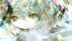  1girl abstract_background blue_eyes commentary_request double_exposure glitch_art hatsune_miku highres hilty looking_at_viewer parted_lips portrait smile solo vocaloid 
