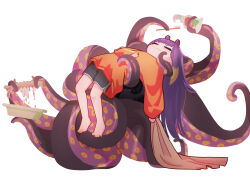  1girl absurdres barefoot black_shorts closed_eyes closed_mouth commentary dolphin_shorts english_commentary exhausted foot_dangle highres hololive long_hair long_sleeves nanachides ninomae_ina'nis no_shoes purple_hair shorts simple_background solo tentacles toothbrush toothpaste very_long_hair virtual_youtuber white_background wringing 