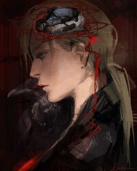  1girl artist_name bird blonde_hair blue_eyes crow from_side glowing glowing_eyes highres jill_valentine jill_valentine_(battle_suit) long_hair low_ponytail ponytail red_pupils resident_evil resident_evil_5 s3ik4 signature 