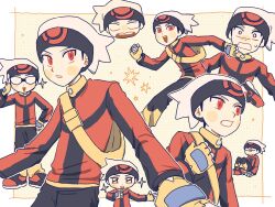  1boy 28_(eep228) adjusting_eyewear beanie black_hair black_pants blank_eyes blush_stickers brendan_(pokemon) chibi clenched_teeth commentary_request fingerless_gloves glasses gloves hand_up hat highres holding_strap jacket korean_commentary long_sleeves male_focus multiple_views opaque_glasses pants pokemon pokemon_ruby/sapphire/emerald red_eyes red_jacket shoes short_hair sparkle standing teeth white_hat yellow_gloves 
