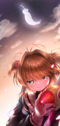  1girl absurdres antenna_hair brown_hair cardcaptor_sakura closed_mouth clouds commentary feathers fuuin_no_tsue hair_bobbles hair_intakes hair_ornament highres holding holding_wand kero_(cardcaptor_sakura) kinomoto_sakura long_sleeves reflection sailor_collar school_uniform sky smile suzu_natsu tomoeda_elementary_school_uniform two_side_up wand white_feathers white_sailor_collar 