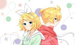  1boy 1girl ahoge balloon blue_eyes blueberry_hedy blush bow bow_hairband collarbone commentary_request double-parted_bangs drawstring from_side green_hoodie hair_between_eyes hair_ornament hairband hairclip high_ponytail hood hood_down hoodie kagamine_len kagamine_rin kimipedia_(vocaloid) looking_at_viewer medium_hair parallel_hairclips parted_bangs polka_dot polka_dot_background ponytail red_hoodie short_hair short_ponytail sidelocks sweat turning_head twitter_username two-tone_hoodie vocaloid white_background white_bow white_hairband white_hoodie 