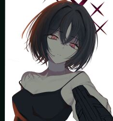 1girl aiming bandaged_neck bandages black_hair black_tank_top blue_archive breasts closed_mouth from_below gun halo highres holding holding_weapon looking_at_viewer misaki_(blue_archive) moutanmen5 portrait red_eyes red_halo revolver short_hair simple_background sketch small_breasts solo strap_slip tank_top weapon white_background 