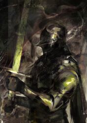  1other absurdres armor black_cape cape commentary cuirass english_commentary fantasy from_side full_armor gauntlets helmet highres holding holding_sword holding_weapon long_sword original pauldrons phanthema rerebrace sallet shoulder_armor sword two-handed_sword upper_body weapon 