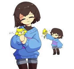  1boy 1other androgynous blonde_hair blue_sweater blush brown_hair brown_leggings closed_eyes closed_mouth deltarune dual_persona flower flowery_(deltarune) frisk_(undertale) highres leggings long_sleeves looking_at_viewer neamosub other_focus short_hair short_shorts shorts simple_background smile strangling striped_clothes striped_sweater sweater two-tone_sweater undertale utdr_(toby_fox) white_background yellow_flower 