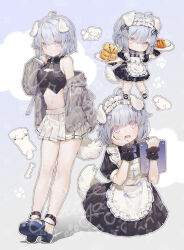  1girl absurdres ahoge animal_ears apron black_wrist_cuffs blue_hair blue_shoes blush bone chibi chinese_commentary cleavage_cutout clipboard clothing_cutout commentary_request dog dog_ears dog_girl dog_tail food full_body halterneck high_heels highres holding holding_clipboard holding_food looking_at_viewer maid maid_apron maid_headdress midriff miyayoki multiple_views navel open_mouth original puffy_short_sleeves puffy_sleeves shoes short_hair short_sleeves single_off_shoulder skirt sleeveless standing tail violet_eyes watermark white_skirt wrist_cuffs 