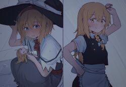  2girls absurdres alice_margatroid apron black_hat black_skirt black_vest blonde_hair blue_dress blue_eyes blush borrowed_clothes bow braid capelet closed_mouth commentary_request crying crying_with_eyes_open dress frilled_hairband frills hair_bow hairband hat hat_bow highres kirisame_marisa long_hair m1saki_1 missing_headwear multiple_girls open_mouth red_hairband red_sash sash shanghai_doll short_sleeves side_braid single_braid skirt smile tears touhou vest waist_apron waist_sash white_apron white_bow white_capelet witch_hat yellow_eyes 