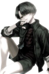  1boy bare_legs black_gloves black_hair black_shirt chinese_commentary commentary_request finger_to_own_chin fingerless_gloves gloves green_jacket green_shorts grey_eyes hand_rest highres jacket knee_up looking_at_viewer male_focus mamiya_yumehisa mole mole_under_eye official_alternate_costume red_shirt sekai_metsubou_kyouyuu_gensou_mamiya shirt short_hair shorts sitting sleeves_rolled_up smirk solo striped_clothes striped_shirt turtleneck two-tone_shirt white_background yanzia689 