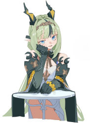  1girl absurdres arknights arknights:_endfield bare_shoulders blue_eyes blush commentary_request cropped_legs detached_sleeves dragon_girl dragon_horns eastern_dragon_horns green_hair green_hands green_horns green_sleeves hand_on_own_face hand_rest head_rest highres horns legs long_hair looking_at_viewer lupinu5 multicolored_horns open_mouth si_(arknights) simple_background sitting solo table two-tone_horns white_background yellow_horns 