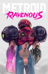  1girl absurdres arm_cannon armor assault_visor copyright_name full_armor glowing_arm green_assault_visor helmet highres kengyou_lei metroid metroid_ravenous multicolored_armor power_armor power_suit_(metroid) red_helmet samus_aran weapon 