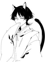  1boy animal_ears blunt_ends cat_boy cat_ears cat_tail choppy_bangs closed_eyes closed_mouth clothing_cutout commentary_request facing_to_the_side genshin_impact greyscale japanese_clothes kariginu kimono layered_sleeves long_sleeves male_focus monochrome parted_bangs portrait retujyo4go scaramouche_(genshin_impact) scaramouche_(kabukimono)_(genshin_impact) shoulder_cutout sketch sleeves_past_fingers sleeves_past_wrists solo tail white_background wide_sleeves wolf_cut 