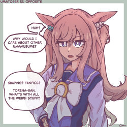  1girl agnes_digital_(umamusume) animal_ears blue_eyes border bow bowtie braid breasts commentary english_commentary green_border hand_on_own_hip highres horse_ears horse_girl long_hair long_sleeves looking_at_viewer open_mouth oryo_mochappuccino out_of_character pink_hair purple_sailor_collar purple_shirt raised_eyebrow sailor_collar sailor_shirt school_uniform shirt simple_background small_breasts solo speech_bubble tracen_school_uniform umamusume upper_body white_bow white_bowtie 