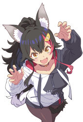  1girl :3 absurdres animal_ear_fluff animal_ears arm_up black_choker black_hair black_hoodie breasts brown_eyes brown_pantyhose choker claw_pose collarbone commentary_request crossed_bangs double-parted_bangs drawstring fang feet_out_of_frame fingernails food-themed_hair_ornament hair_between_eyes hair_intakes hair_ornament high_ponytail highres hololive hood hoodie irodori_drawpic jumping large_breasts lemon_hair_ornament long_fingernails long_sleeves looking_at_viewer medium_hair ookami_mio ookami_mio_(hoodie) open_mouth pantyhose paw_print ponytail red_hair red_hoodie simple_background single_hair_streak skin_fang smile solo tail tail_around_own_leg two-sided_fabric two-sided_hoodie two-tone_hoodie v-shaped_eyebrows virtual_youtuber white_background white_hoodie wolf_ears wolf_girl wolf_tail 