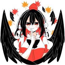  1girl absurdres autumn_leaves bird_wings black_bow black_bowtie black_hair black_wings blush bow bowtie closed_mouth collared_shirt commentary_request falling_feathers falling_leaves feathered_wings feathers hand_to_own_mouth hat highres leaf looking_at_viewer maple_leaf pom_pom_(clothes) puffy_short_sleeves puffy_sleeves red_eyes red_hat shameimaru_aya shirt short_sleeves simple_background smile solo tokin_hat touhou upper_body wakana1327 white_background white_shirt wings 