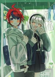  1boy 1girl absurdres bag black_ribbon black_skirt blue_eyes blush closed_eyes cowboy_shot frog handkerchief hands_up highres holding holding_handkerchief hood hoodie kirifuji_nozomi long_hair long_sleeves momo_inaz multicolored_hair neck_ribbon open_mouth pleated_skirt rain red_hair ribbon school_bag school_uniform skirt smile standing streaked_hair sumino_takumi teruterubouzu the_hundred_line_-last_defense_academy- very_long_hair wet white_hair white_hoodie wiping_face 