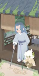  2boys animal_ears architecture blue_eyes blue_hair cat_boy cat_ears cat_tail chibi chibi_only chinese_clothes commentary_request drawing_on_sand east_asian_architecture highres looking_at_another low_ponytail luo_xiaohei luo_xiaohei_(human) male_focus multiple_boys no_lineart official_art outdoors ponytail rain solar_term tail teapot the_legend_of_luo_xiaohei white_hair wuxian_(the_legend_of_luo_xiaohei) xrriver 
