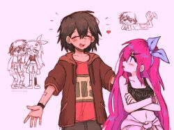  1boy 1girl :p alternate_costume aubrey_(faraway)_(omori) aubrey_(omori) bad_id bad_twitter_id blue_eyes blue_hairband blush bracelet brown_hair brown_jacket closed_eyes closed_mouth collarbone commentary crossed_arms dark-skinned_male dark_skin double-parted_bangs flower_bracelet grey_background hair_between_eyes hairband heart hood hood_down hooded_jacket jacket jewelry kel_(faraway)_(omori) kel_(omori) long_sidelocks looking_at_another navel omori open_clothes open_jacket pink_hair red_shirt shirt short_hair sidelocks simple_background smile teeth tongue tongue_out twitter_username upper_teeth_only yuilu_(yuiluqqq) 