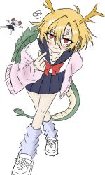  2girls ahoge alternate_costume anger_vein antlers barefoot blonde_hair blue_sailor_collar blue_skirt blush bow bowtie bright_pupils cardigan closed_mouth collarbone commentary_request contemporary crossed_legs dot_nose dragon_girl dragon_horns dragon_tail face_down fang full_body fur-tipped_tail green_scales green_tail grey_hair hair_intakes hand_up heart highres horns kicchou_yachie leaning_forward long_sleeves loose_socks lying multiple_girls on_stomach open_cardigan open_clothes pink_cardigan pointing pointing_at_self purple_socks red_bow red_bowtie red_eyes saekigonzou sailor_collar scales school_uniform serafuku sheep_horns shirt shoes short_hair simple_background sketch skin_fang skirt smile socks solo_focus squiggle tail touhou toutetsu_yuuma turtle_shell uwabaki v-shaped_eyebrows watson_cross white_background white_pupils white_shirt white_shoes yellow_horns 