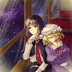  2girls black_capelet black_eyes black_hair black_hat black_skirt blonde_hair capelet closed_eyes closed_mouth commentary_request dress expressionless hat juliet_sleeves long_sleeves looking_afar looking_outside maribel_hearn mob_cap multiple_girls neck_ribbon necktie puffy_sleeves purple_dress purple_sky red_necktie red_ribbon ribbon shee_take shirt short_hair skirt sky sleeping sleeping_on_person star_(sky) starry_sky touhou train_interior unworn_hat unworn_headwear upper_body usami_renko white_hat white_shirt window 