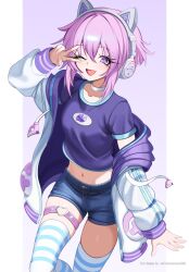  1girl animal_ear_headphones animal_ears cat_ear_headphones cat_ears catpersonyeahhh choker commentary emblem english_commentary fake_animal_ears hair_ornament headphones highres hood hoodie looking_at_viewer neptune_(neptunia) neptune_(series) one_eye_closed open_clothes purple_hair shirt short_hair shorts sidelocks socks striped_clothes striped_socks striped_thighhighs t-shirt thigh-highs v violet_eyes 