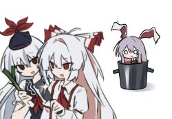  01anathema 3girls animal_ears ascot black_jacket blue_dress blue_hair blue_hat blush_stickers bow cleaver collared_shirt cooking_pot dress food fujiwara_no_mokou glint grey_hair hair_bow hat holding holding_cleaver holding_food holding_spring_onion holding_vegetable in_pot jacket kamishirasawa_keine long_hair long_sleeves multicolored_hair multiple_girls open_mouth purple_hair rabbit_ears rabbit_girl red_ascot red_eyes reisen_udongein_inaba shirt simple_background single_blush_sticker smile solid_circle_eyes spring_onion suspenders tearing_up touhou two-tone_hair vegetable very_long_hair white_background white_shirt 