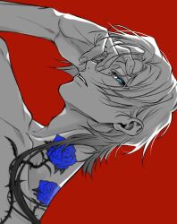  1boy adam's_apple blue_eyes blue_lock collarbone commentary_request flower_tattoo from_side greyscale_with_colored_background gzgz_ggg hand_on_own_face highres looking_at_viewer male_focus michael_kaiser neck_tattoo parted_lips red_background short_hair sideways sideways_glance simple_background solo spot_color tattoo teeth 