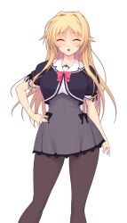  1girl :d ^_^ arm_at_side black_bow black_jacket black_pantyhose black_ribbon blonde_hair blush bow bowtie breasts brown_pantyhose closed_eyes contrapposto cowboy_shot cropped_jacket erika_la_etienne facing_viewer feet_out_of_frame frilled_skirt frills game_asset grey_skirt hair_between_eyes hair_intakes hand_on_own_hip happy high-waist_skirt jacket kourin_tenshi_en_ciel_rena lace-trimmed_skirt lace_trim large_breasts large_variant_set long_hair miniskirt non-web_source official_art open_mouth pantyhose parted_bangs pink_bow pink_bowtie puffy_short_sleeves puffy_sleeves ribbon sailor_collar school_uniform self-datamine shirt short_sleeves sidelocks simple_background skirt smile solo standing suhamaya tachi-e transparent_background variant_set white_background white_sailor_collar white_shirt 