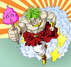  1boy abs absurdres armor biceps bracer broly_(dragon_ball_z) colored_eyebrows commentary creator_connection dr._slump dragon_ball dragon_ball_z earrings evil_smile greaves green_hair highres holding jewelry legendary_super_saiyan muscular muscular_male necklace nipples no_pupils pants poop poop_on_a_stick running shinomiya_akino shirt smile smoke solo spiky_hair super_saiyan tied_shirt topless_male unchi-kun white_eyes white_pants 