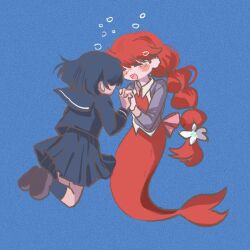  2girls air_bubble ankle_socks black_serafuku black_socks blue_background blush_stickers body_fins braid brown_shoes bubble closed_eyes commentary deformed flower gyunyu_438 hair_flower hair_ornament highres holding_hands kneeless_merfolk lara_(sayonara_lara) legs_up long_hair medium_hair merfolk mermaid monster_girl multiple_girls ootsu_mari open_mouth red_hair sayonara_lara school_uniform serafuku shoes single_braid socks stitched_tongue tearing_up underwater untranslatable_commentary yuri zeze_minami_high_school_uniform 