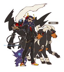  1boy black_pants black_sclera colored_sclera crossover darkrai eriochromatic facial_hair full_body hades_(hades) hades_(series) hades_1 highres houndoom jewelry laurel_crown long_mustache male_focus mature_male multiple_rings mustache outstretched_arm pants pokemon pokemon_(creature) red_eyes ring sableye shoes simple_background sneakers solo thick_mustache v-shaped_eyebrows white_background 